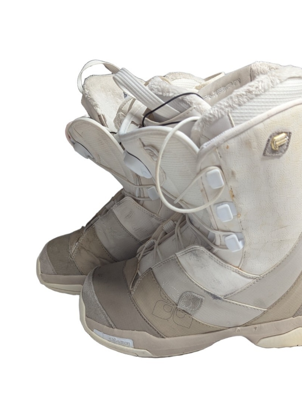 Salomon Women Snowboard Boots F22W White Tan Pull Tab Laces Size 7.5